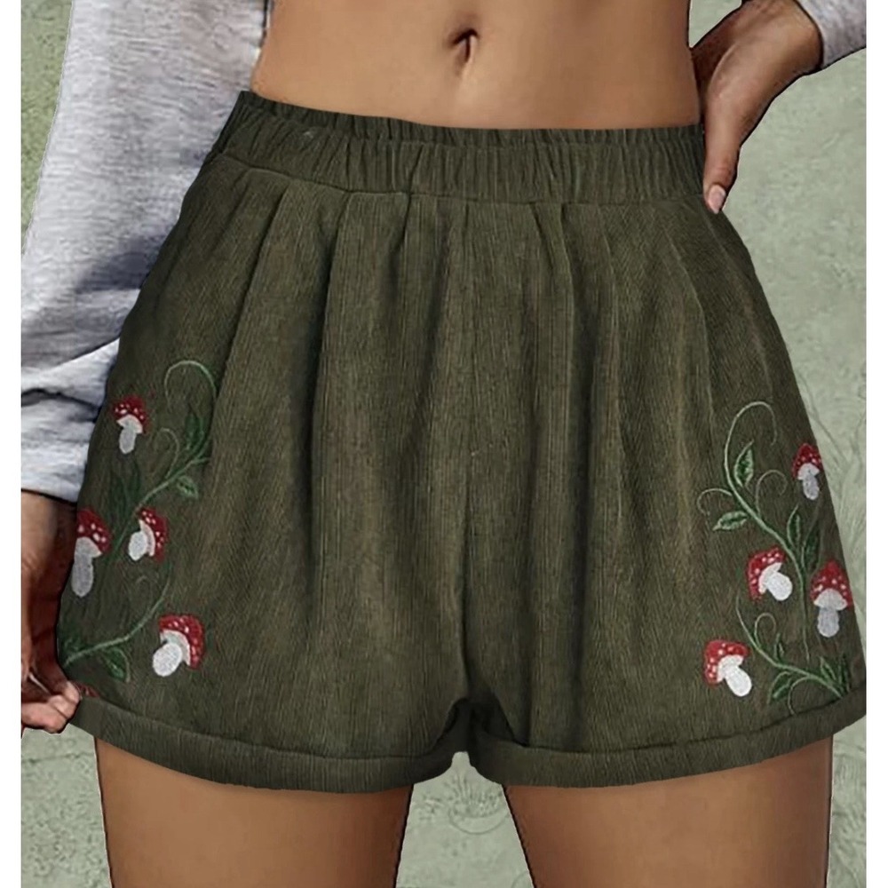 Forest Fairy Corduroy Shorts Olive Green L Mushrooms Novelty Twee Ren Fair Elf